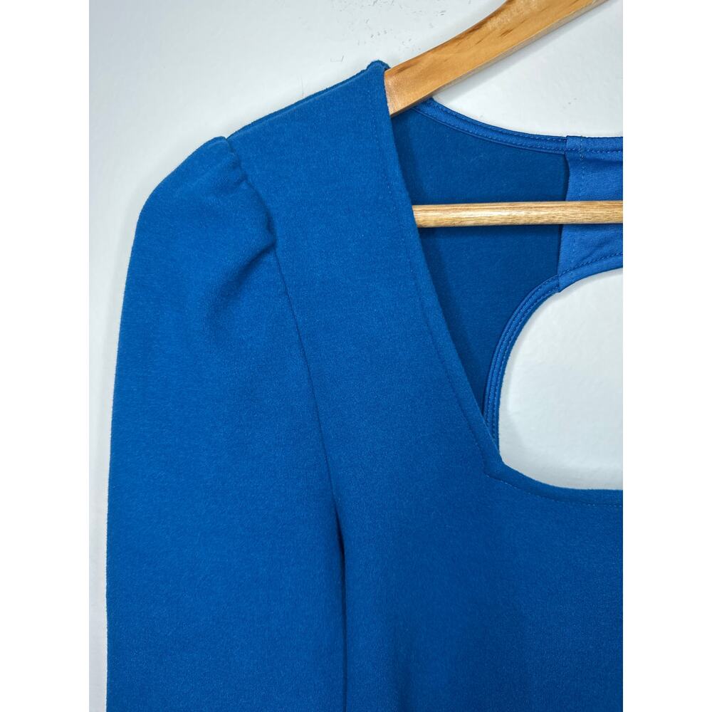 FRNCH Raissa Top Long Sleeve Blue Size M Cut Out Back Puff Sleeve Button Close - Picture 2 of 9